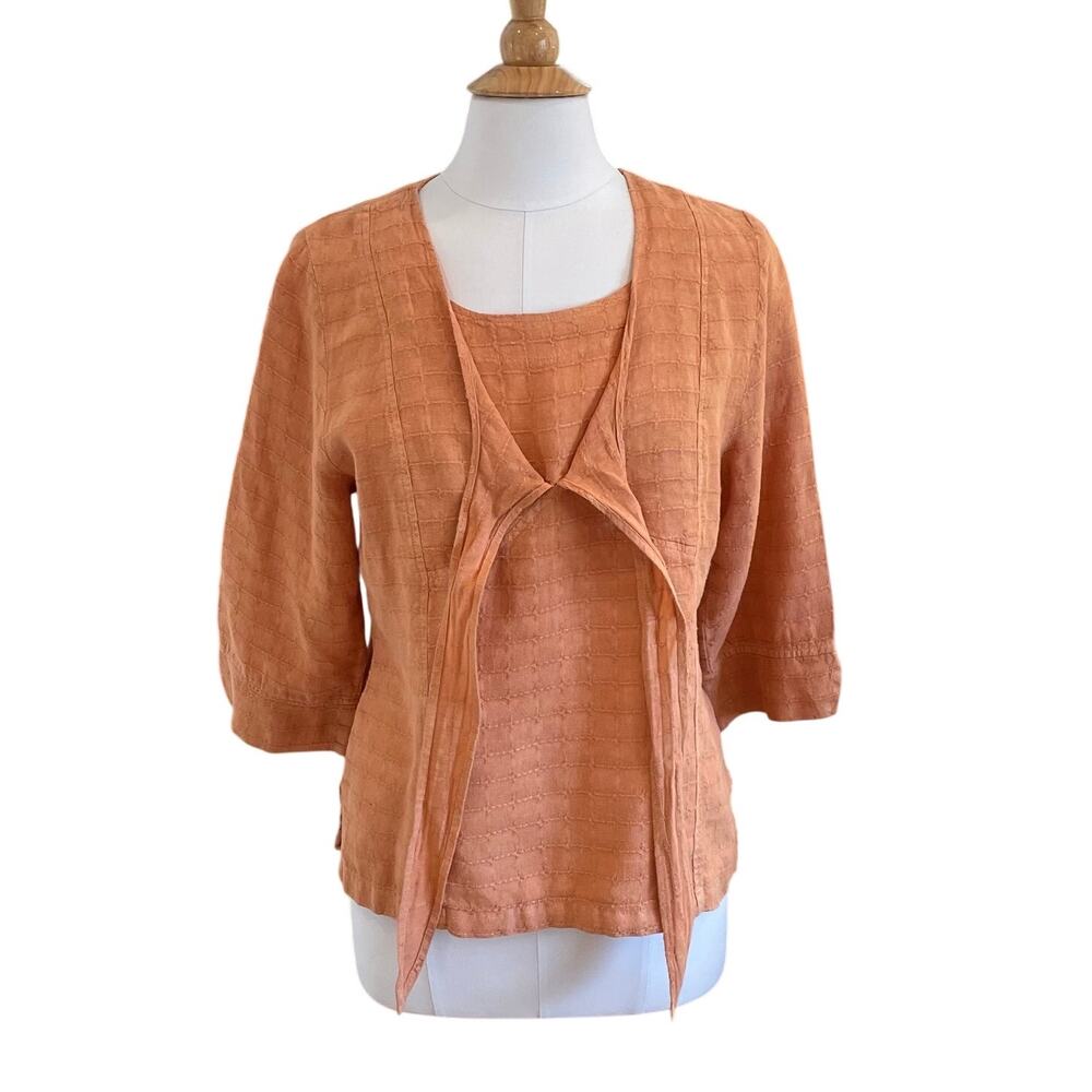 Mosaic USA Peach / Light Orange Tie Front 3/4 Sleeve Linen Blouse, Size S - Picture 3 of 11